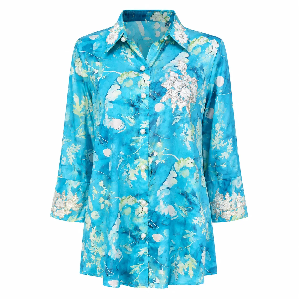 Sky Blue Floral Printed Shirt with Embroidered Accents
